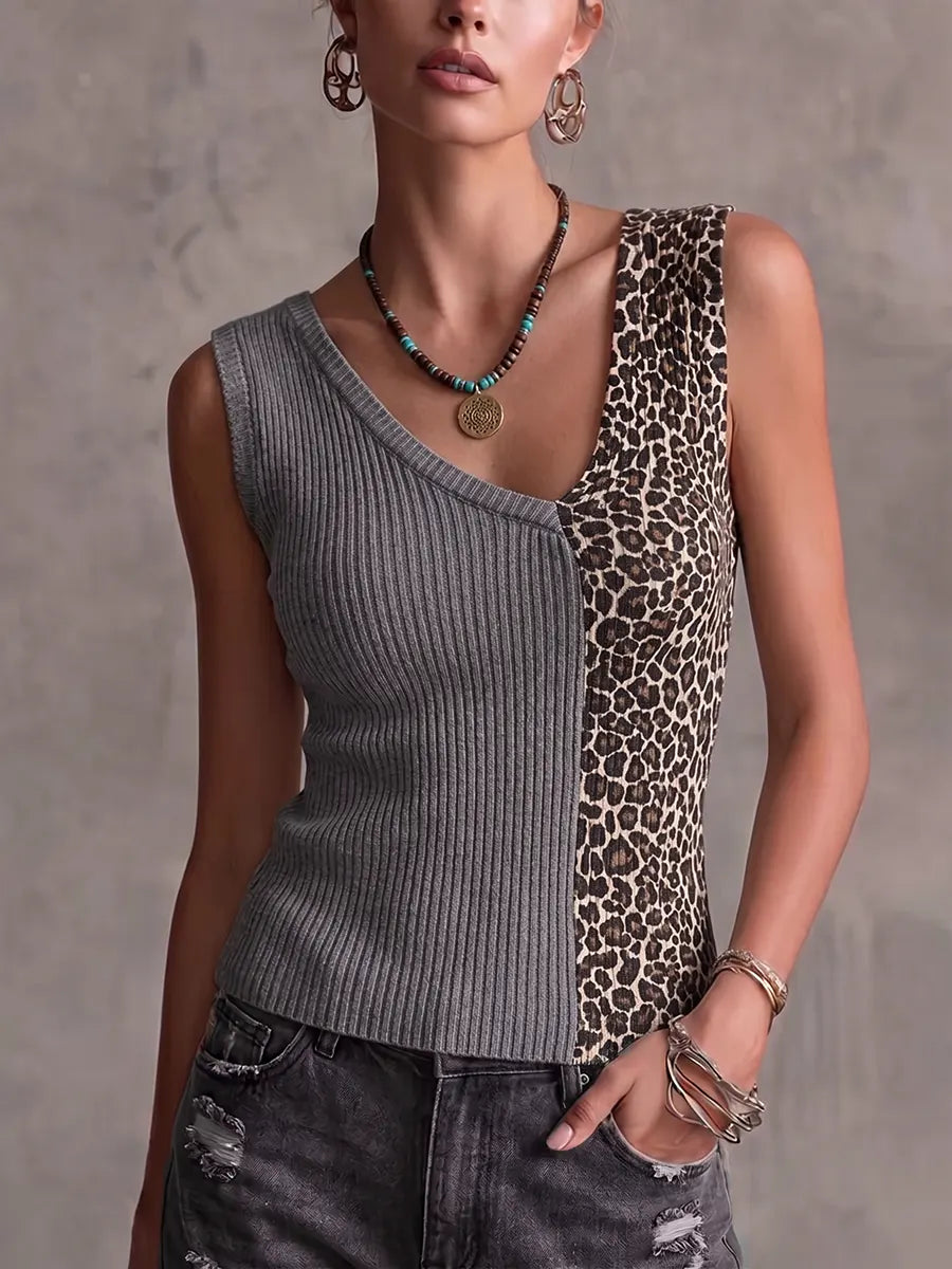 Edgy Thin Knitted Asymmetrical Leopard Tank Top