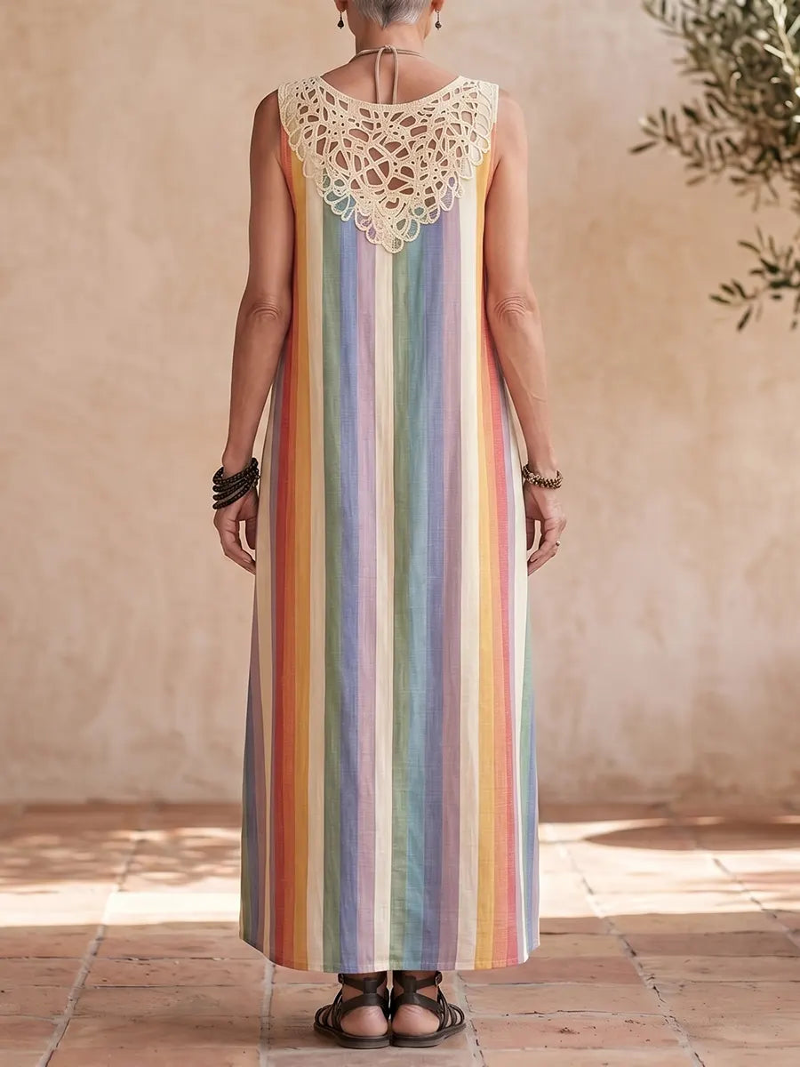 Vacation Rianbow Stripes Cotton Linen Maxi Dress