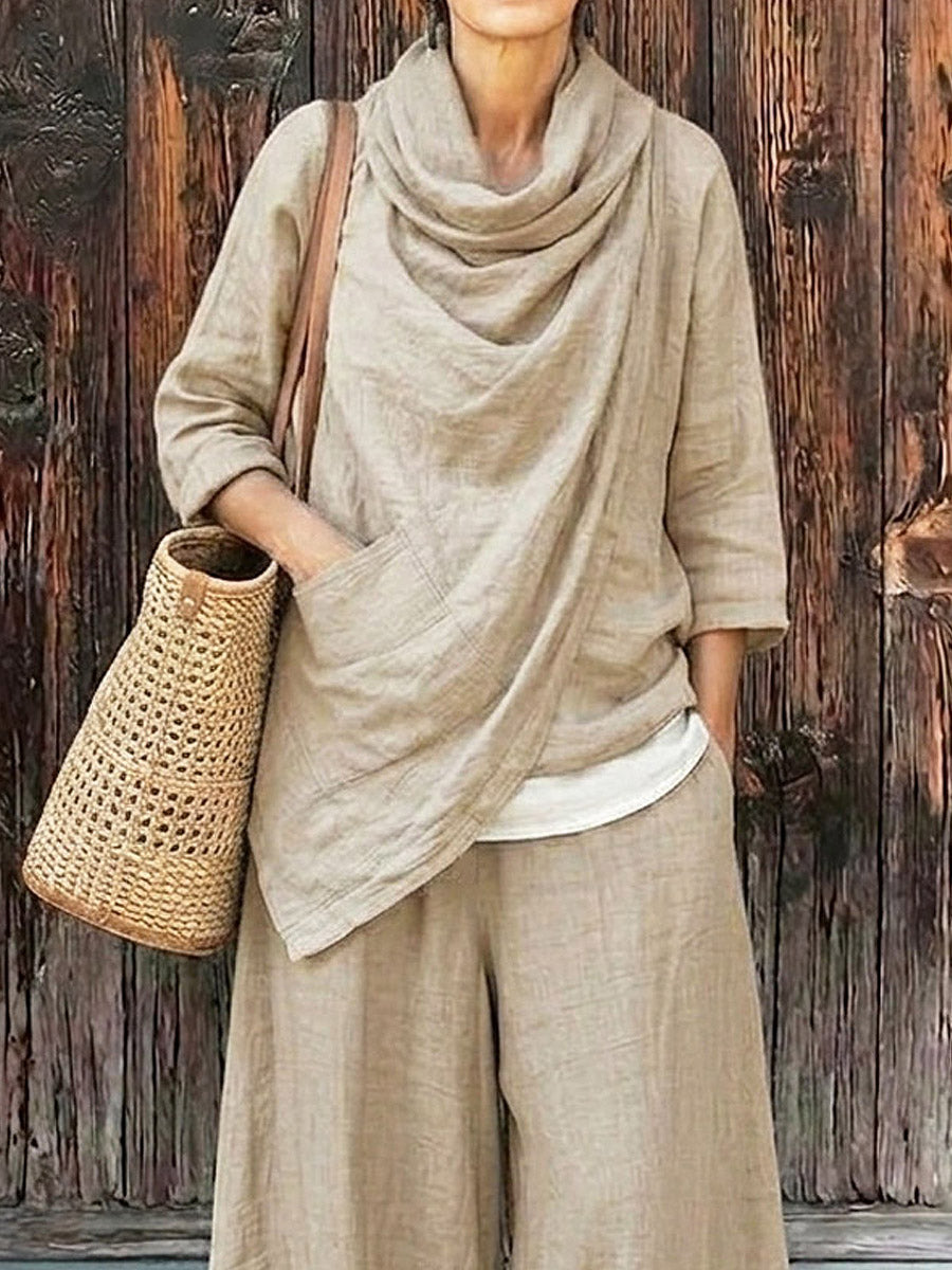 Women's Casual Stylish Cowl Neck Top And Pants Cotton And Linen Two-piece Set