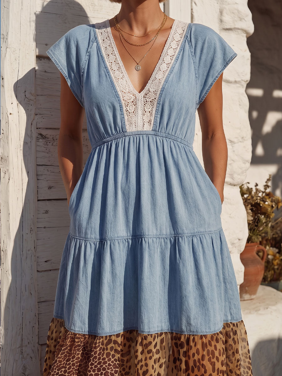 Vintage Art Comfortable Summer Fabrics Denim Patchwork Chiffon Dress