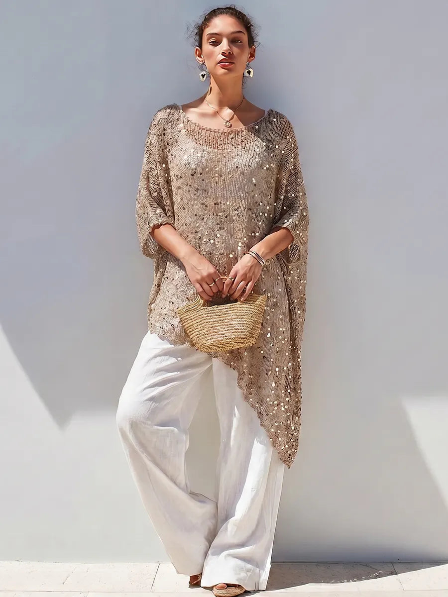 Shimmering Sequin Knit Tunic – Asymmetrical Draped Poncho Top