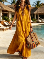 Collared, Sleeveless, Full-button, Loose-fit Long Shirt Dress