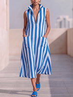Breathable Striped Cotton-linen Dress With Stand Collar