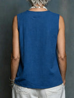 Color-block Cotton-linen Tank Top With A Round Neck, Sleeveless Design, And Asymmetrical Curved Hem