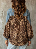 Women's Leopard Print Art Casual Stylish Lapel Denim Patchwork Shirt