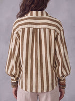 Women's Striped Print Long-Sleeve Cotton-Linen Shirt with Collar – Loose Casual Fit