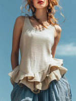 Women's Ruffle Hem Art Casual Stylish Sleeveless Cotton Linen Shirt