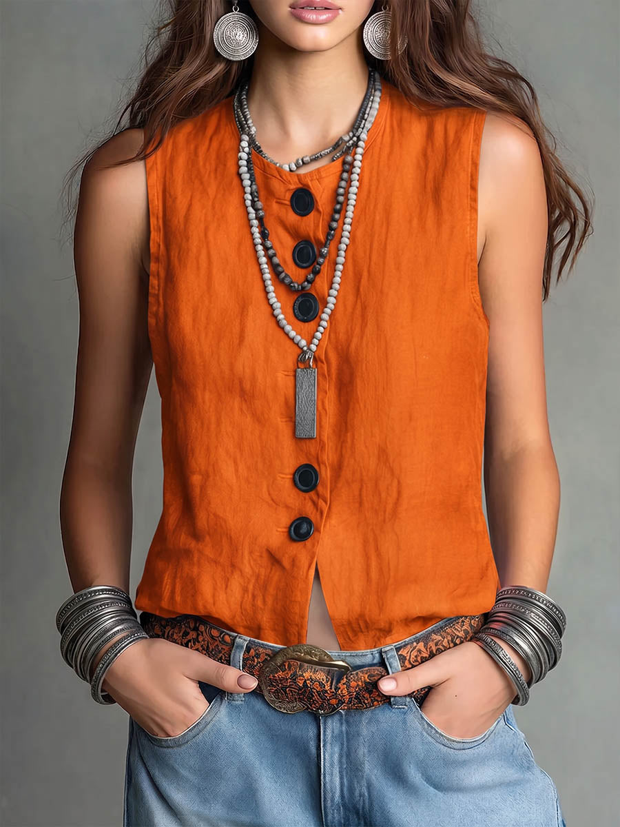 Women's Solid Color Crew Neck Sleeveless Loose-fit Cotton-linen Cardigan Top