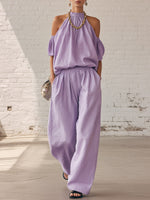 Women's Off-shoulder Halter Art Comfortable Casual Top And High-waisted Wide-leg Pants Cotton Linen Two-piece Set