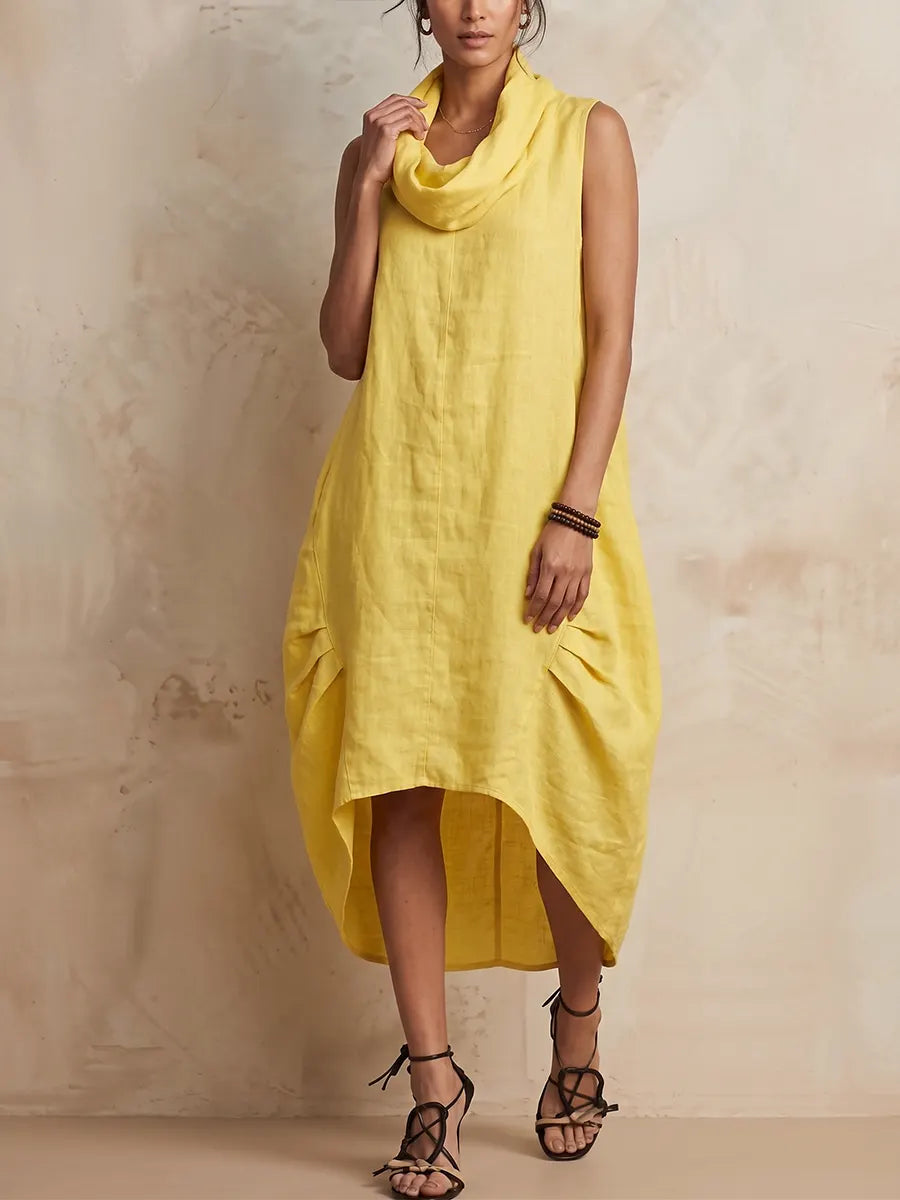 Elegant Yellow Cowl Neck Linen Dress