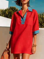 Women's Color Block Stylish Art Casual Lapel Cotton Linen Short Dress