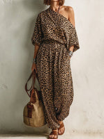 Leopard Print One Shoulder Batwing Half Sleeve Elastic High Waist Harem Jogger Two Piece Matching Set
