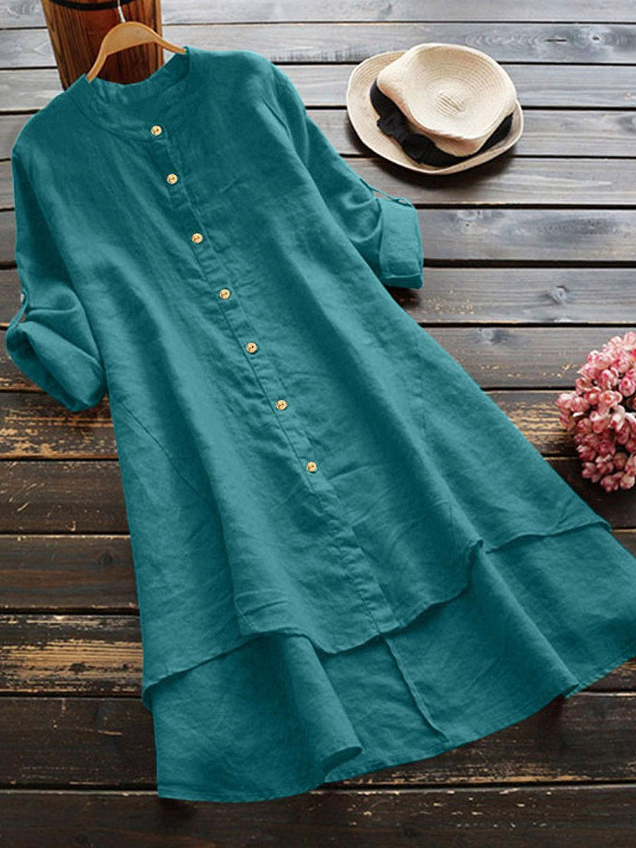 Women's Solid Color Stylish Art Casual Long Sleeve Cotton And Linen Dress