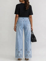 Women's High-waisted Tencel Wide-leg Cropped Jeans With Cut-out Floral Embroidery – Slimming Straight-leg Fit