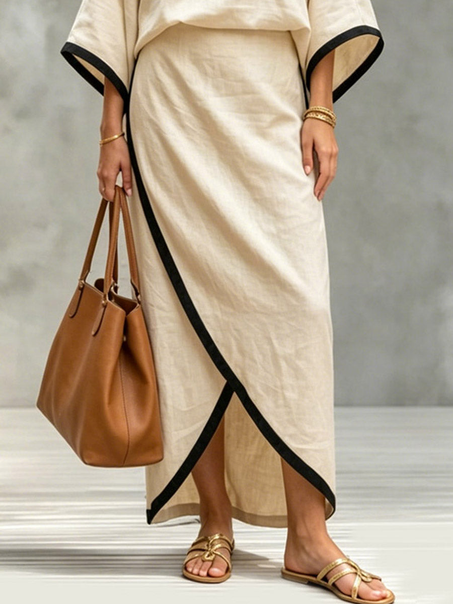 Women's Casual 3/4 Sleeve Top And Skirt Cotton And Linen Two-piece Set