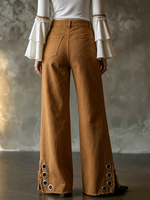 High-waisted Wide-leg Trousers With Raw-edge Split Hems And Metal Eyelet Details