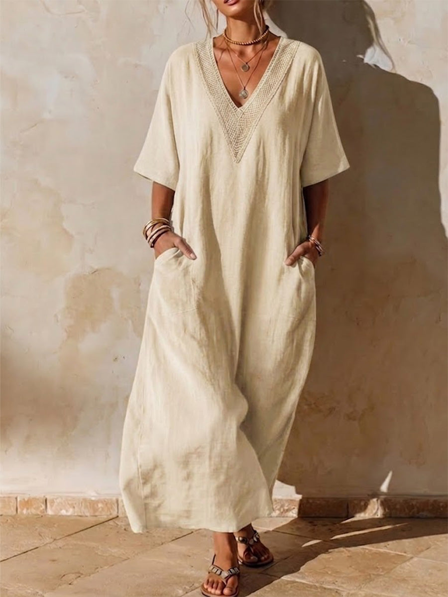 Retro-casual Resort-style V-neck Maxi Dress With Patch Pockets