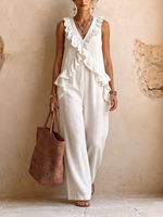 Minimalist Elegance Ruffled Cotton-linen Jumpsui