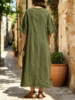 Women's Casual Stylish V-Collar Short Sleeve Cotton Linen Midi Dress