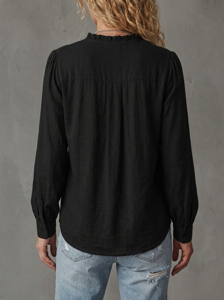 Stylish Cotton-linen Shirt Featuring Lace Paneling.