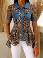 Women's Leopard Print Peter Pan Collar Short-sleeve Casual Loose Denim Cardigan With Chiffon Panels