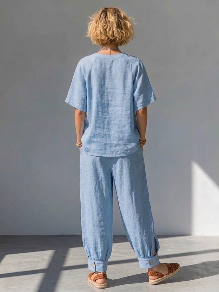 Comfortable And Casual Two-piece Set Featuring A Linen-cotton Top And Lantern Pants.
