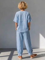 Comfortable And Casual Two-piece Set Featuring A Linen-cotton Top And Lantern Pants.