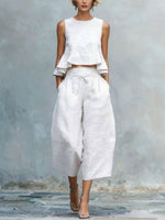 Women's Casual Stylish Ruffled Loose Sleeveless Top And Pants Linen Two-piece Set