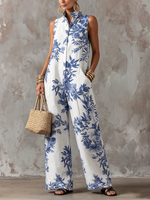 Romantic Elegant Floral-print Cotton-linen Jumpsuit
