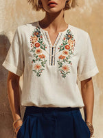 Women's Vintage Floral Embroidered V-neck Top – Casual Loose Cotton-linen Short-sleeve Shirt