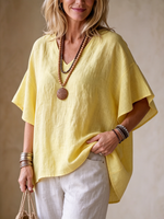 Relaxed Breathable Cotton-linen Top With Ruffled Hem