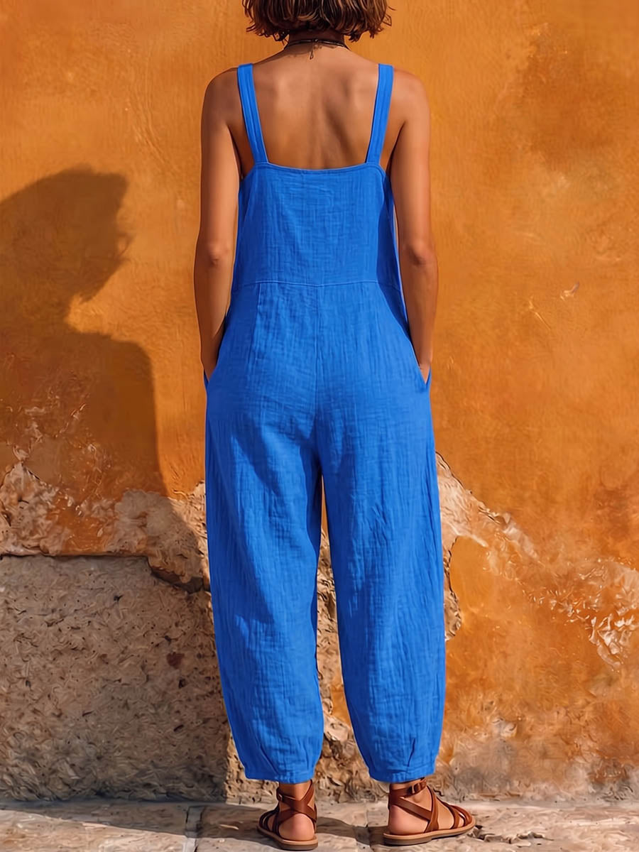 Women's Solid Color Square-neck Sleeveless Casual Loose Cotton-linen Wide-leg Jumpsuit