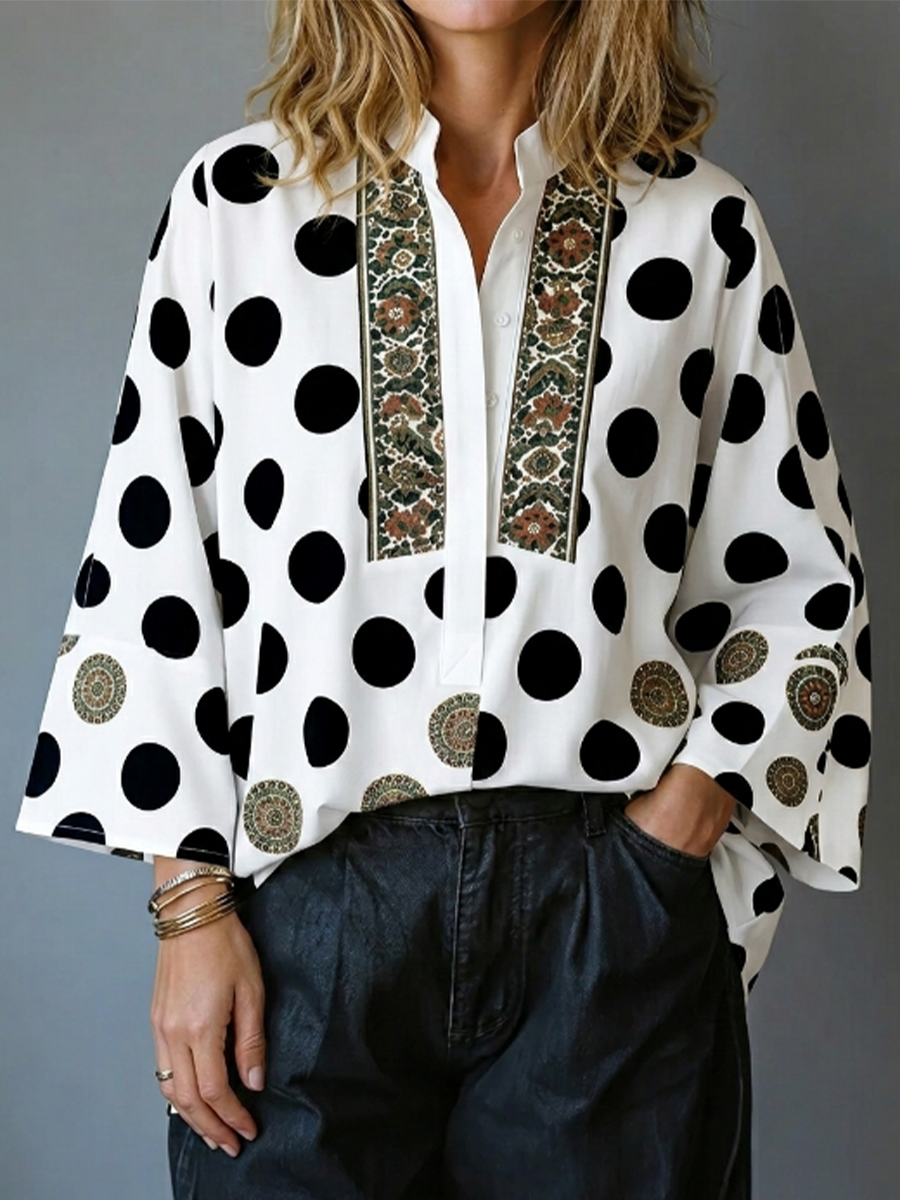 White Black Polka Dot Ethnic Floral Placket Stand Collar 3/4 Flare Sleeve Linen Blend Blouse