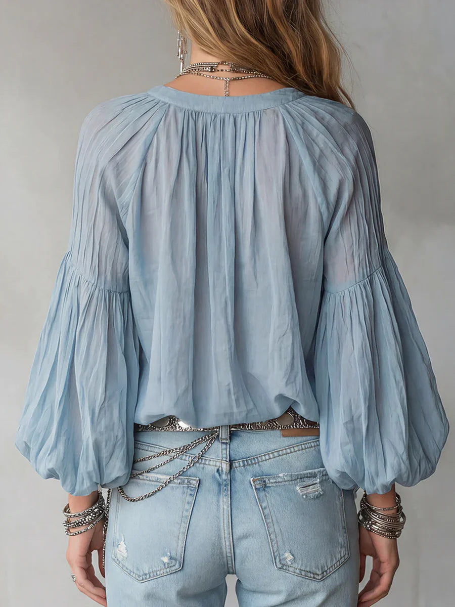 Women's Casual Loose Long Sleeve Art Round V Collar Shirt