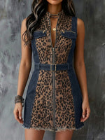 Fashionable Sleeveless Denim Mini Dress With Leopard Print Panels