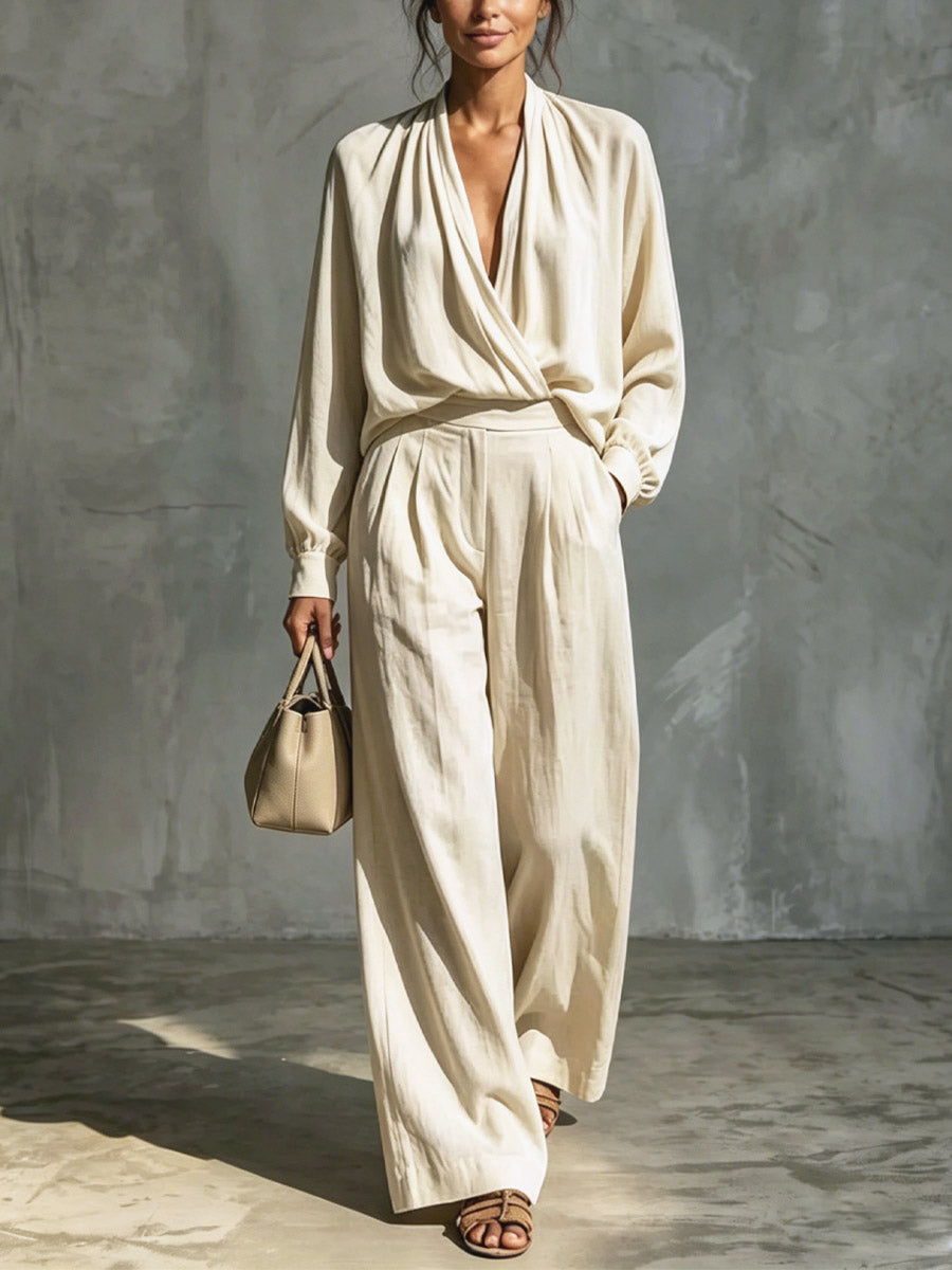 Women's V-Neck Art Casual Top And Pants Cotton And Linen Two-piece Set