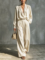 Women's V-Neck Art Casual Top And Pants Cotton And Linen Two-piece Set