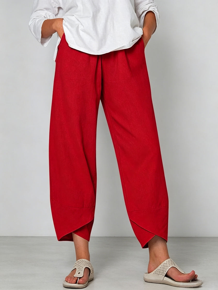 Women's Solid Color Stylish Loose-fit Casual Cropped Cotton And Linen Pants
