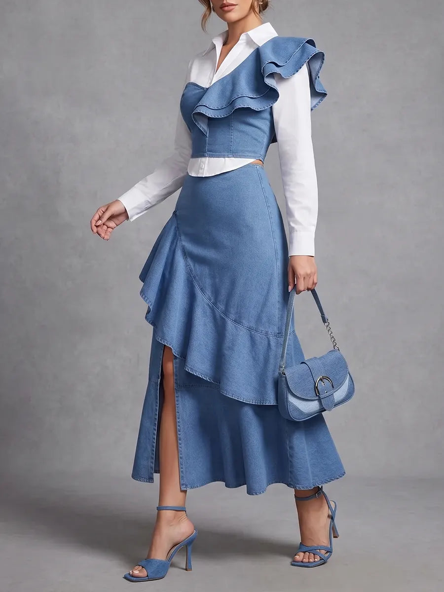 Avant-Garde Tencel Denim Ruffled Set