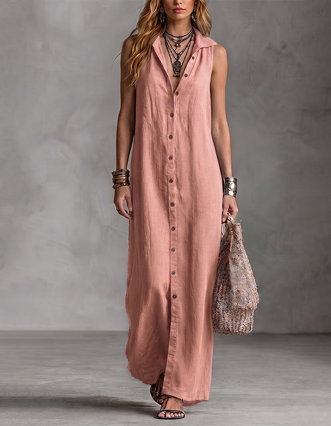 Casual Loose Sleeveless Long Dress With Single-breasted Buttons And A Stylish Hooded Design