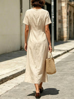Women's Twist Art Casual Stylish V-collar Short Sleeve Cotton Linen Midi Dress