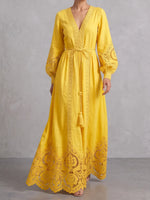 Radiant Yellow V-Neck Macramé Lace Linen Maxi Dress