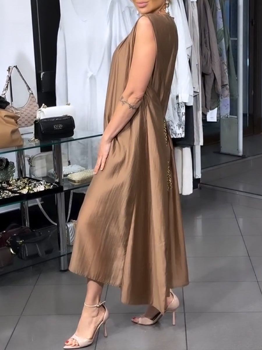 Stylish Tencel-cotton Sleeveless Dress Featuring Metal Chain Detailing.