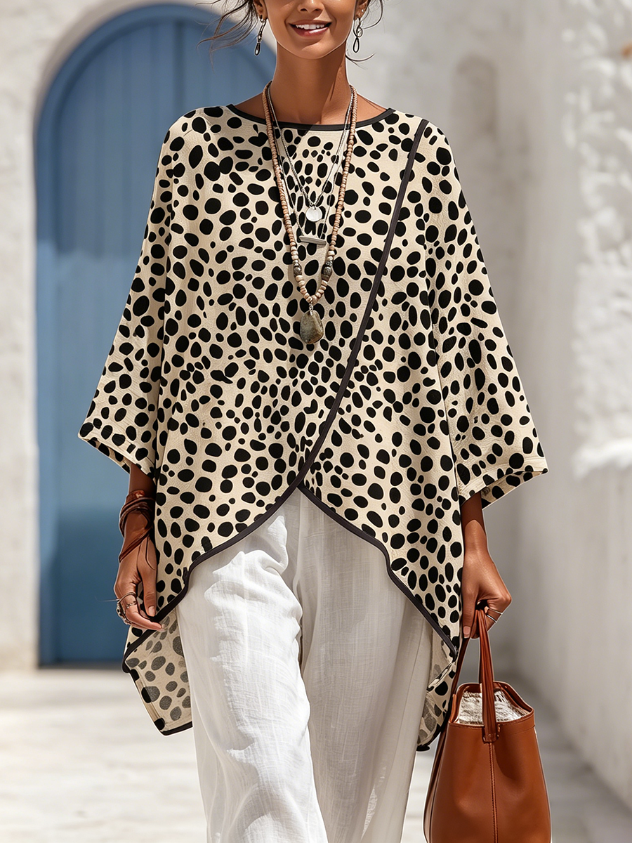 Resort-style Polka-dot Print Cotton-linen Shirt With Contrast Trim
