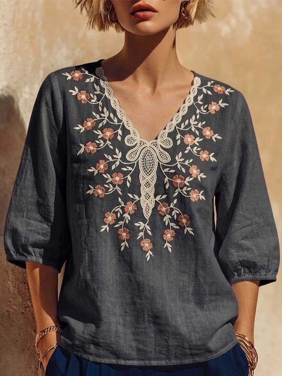 Scalloped V-neck Floral Embroidered Cotton-linen Top With 3/4 Puff Sleeves
