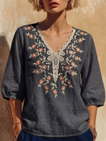 Scalloped V-neck Floral Embroidered Cotton-linen Top With 3/4 Puff Sleeves