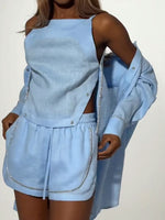 Three-piece Set Featuring A Long-sleeved Linen-cotton Shirt With Stylish Trim, A Camisole, And Shorts.