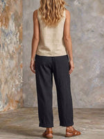Women's Solid-color Casual Cotton-linen Set: Sleeveless Round-neck Loose Top & High-waisted Wide-leg Pants
