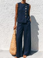 Two-piece Set: Sleeveless Cotton-linen Top With Round Neck And Side Button Detail + High-waisted Straight-leg Wide-leg Trousers