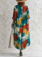 Art Watercolor Color Block Oil Painting Print Round Neck Rollable 3/4 Sleeve Side Slit Loose Linen Maxi Dress